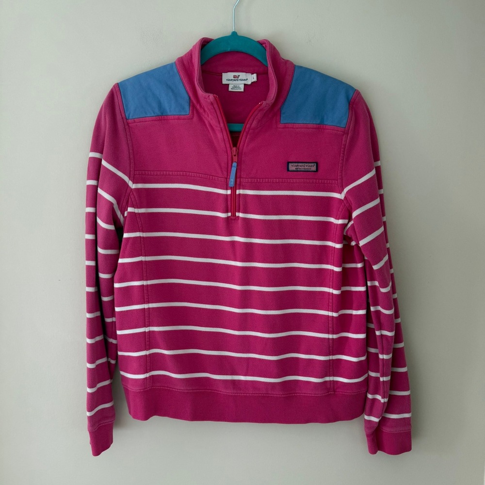 Vineyard Vines Pink Striped Quarter Zip‎ Pullover Blue Shoulder Patches Womens L